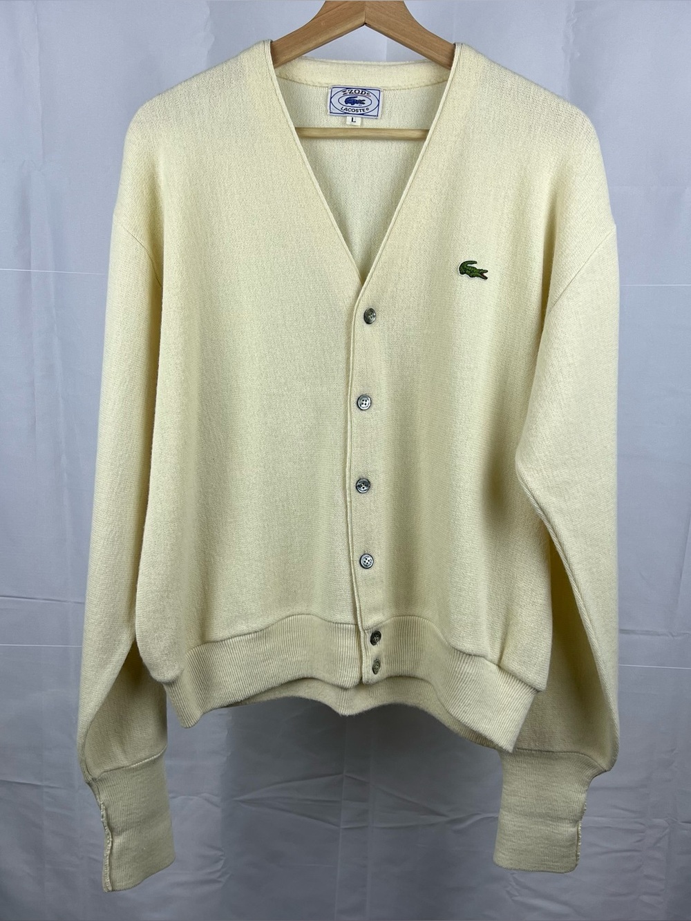 Vintage Izod Lacoste Cardigan Large Orlon Acrylic Knit Sweater Buttons Cream